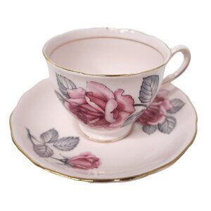 Vintage Colclough Pink Bone China Tea Cup And Saucer Red Rose Floral Pattern